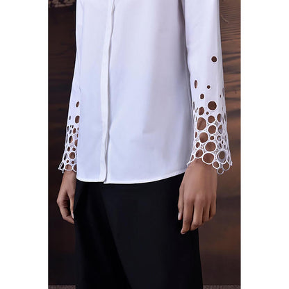 Genes Lecoanet Hemant White Precision Shirt With Geometric Cutwork Sleeves