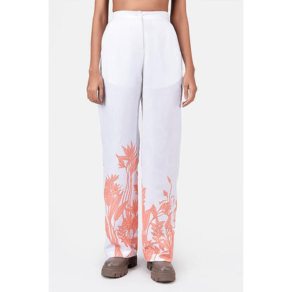 Genes Lecoanet Hemant Straight Fit Linen Herringbone Trousers With Tropical Print Off White