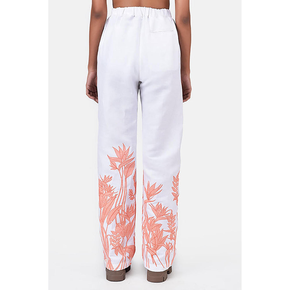 Genes Lecoanet Hemant Straight Fit Linen Herringbone Trousers With Tropical Print Off White