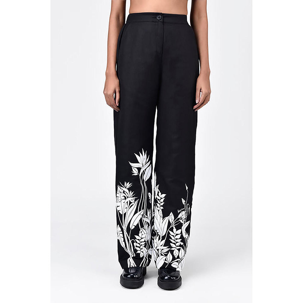 Genes Lecoanet Hemant Straight Fit Linen Herringbone Trousers With Tropical Print Black