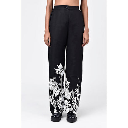 Genes Lecoanet Hemant Straight Fit Linen Herringbone Trousers With Tropical Print Black