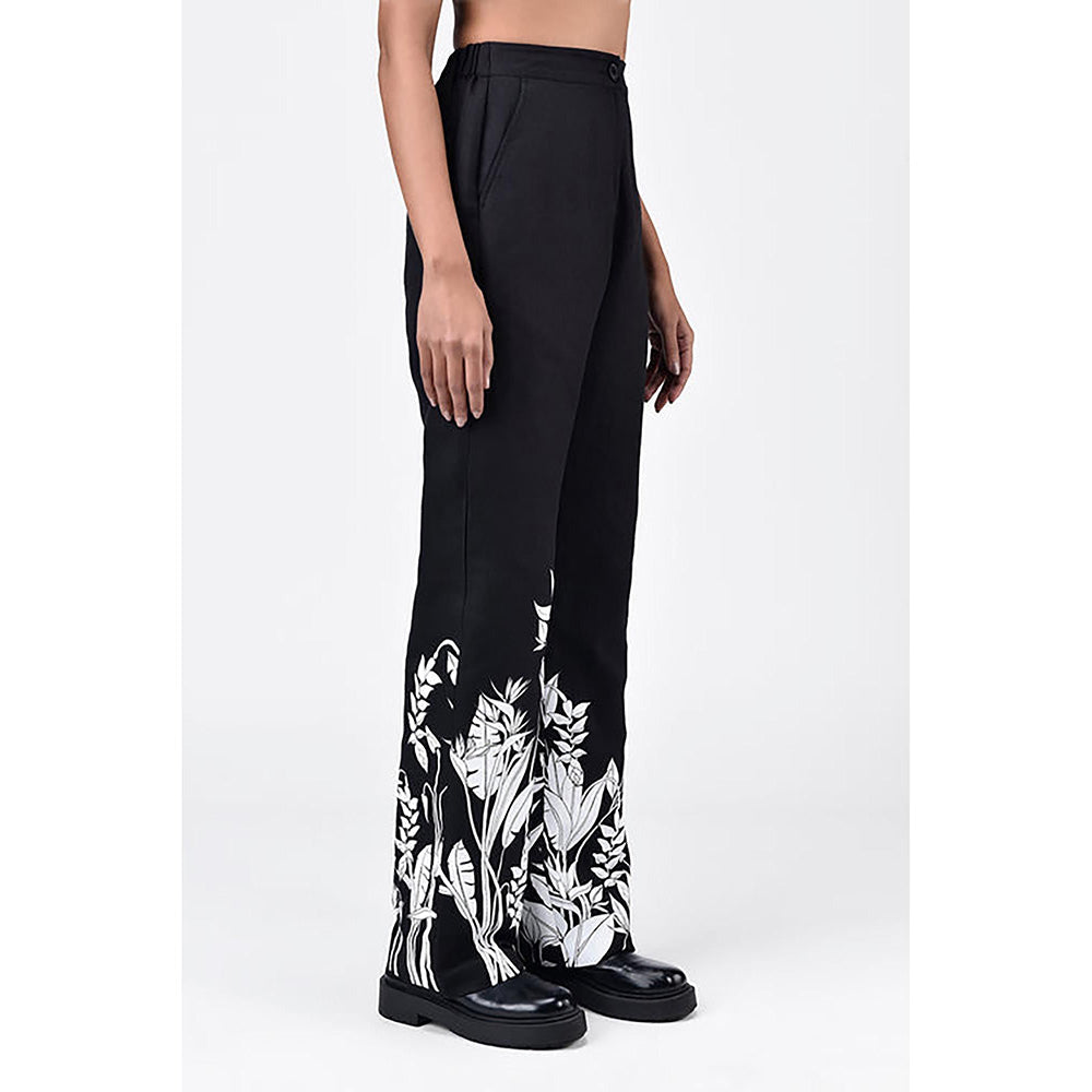 Genes Lecoanet Hemant Straight Fit Linen Herringbone Trousers With Tropical Print Black