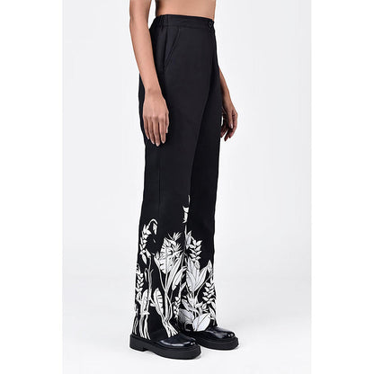 Genes Lecoanet Hemant Straight Fit Linen Herringbone Trousers With Tropical Print Black