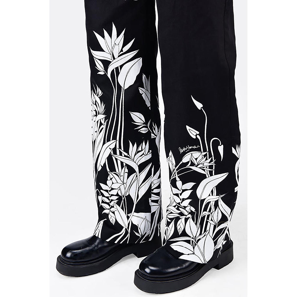 Genes Lecoanet Hemant Straight Fit Linen Herringbone Trousers With Tropical Print Black