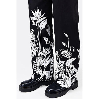 Genes Lecoanet Hemant Straight Fit Linen Herringbone Trousers With Tropical Print Black