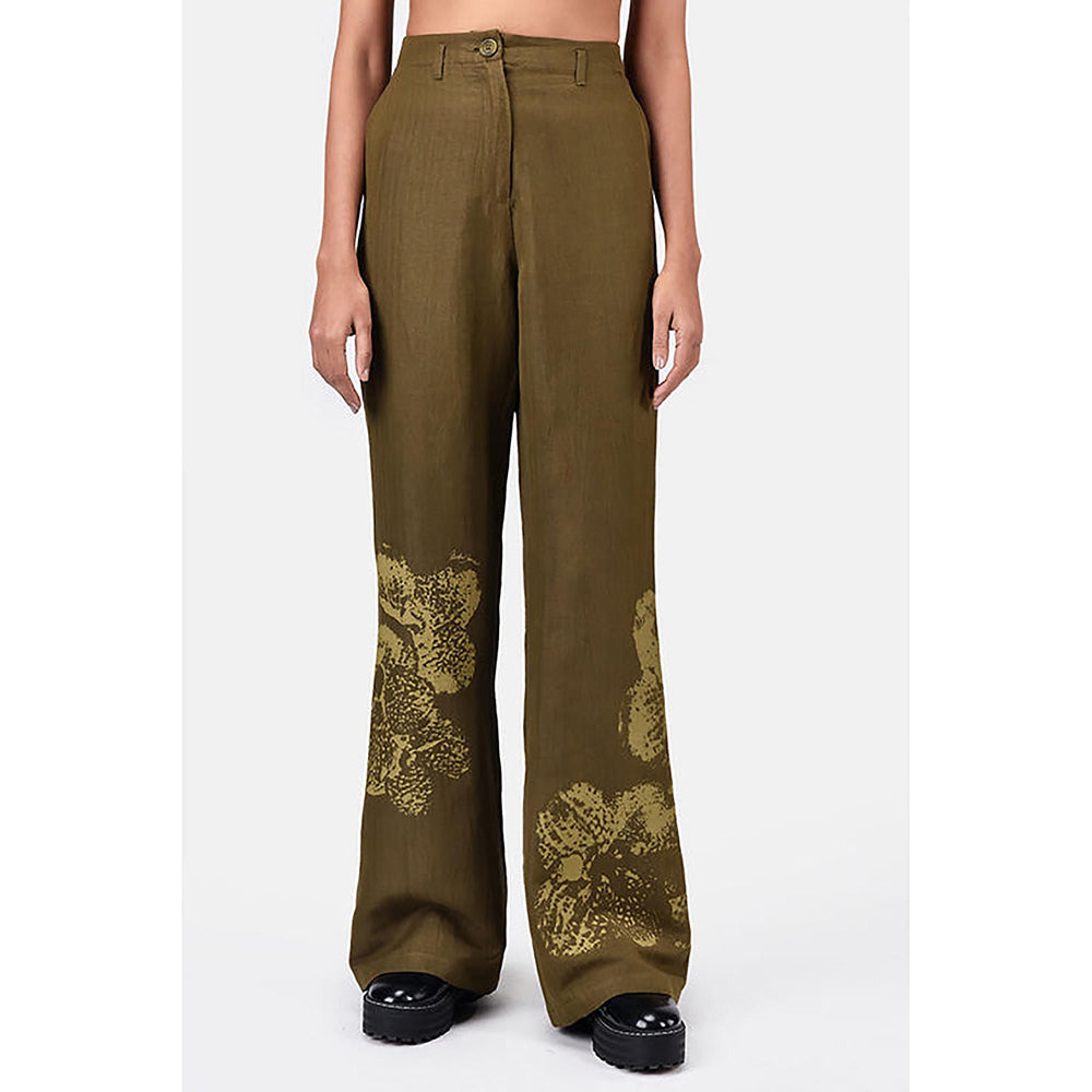 Genes Lecoanet Hemant Slim Fit Boot Cut Linen Herringbone Trouser With Orchid Print Khaki