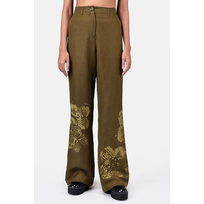 Genes Lecoanet Hemant Slim Fit Boot Cut Linen Herringbone Trouser With Orchid Print Khaki