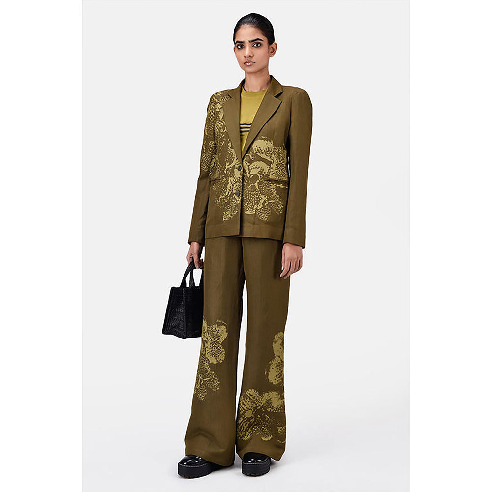 Genes Lecoanet Hemant Slim Fit Boot Cut Linen Herringbone Trouser With Orchid Print Khaki