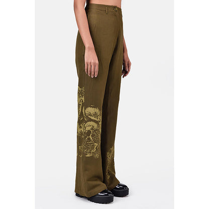 Genes Lecoanet Hemant Slim Fit Boot Cut Linen Herringbone Trouser With Orchid Print Khaki