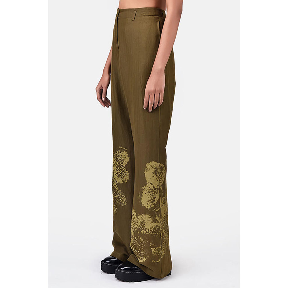 Genes Lecoanet Hemant Slim Fit Boot Cut Linen Herringbone Trouser With Orchid Print Khaki