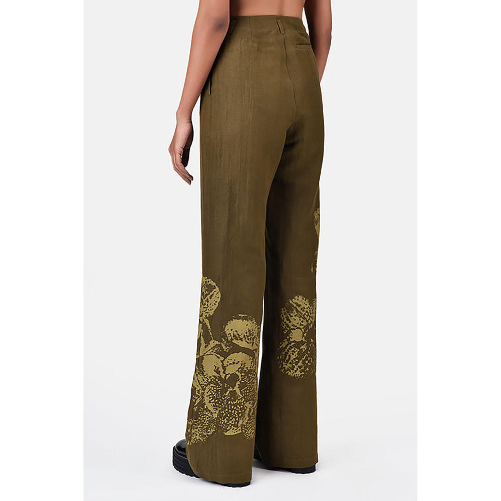 Genes Lecoanet Hemant Slim Fit Boot Cut Linen Herringbone Trouser With Orchid Print Khaki