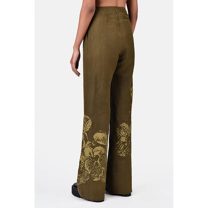 Genes Lecoanet Hemant Slim Fit Boot Cut Linen Herringbone Trouser With Orchid Print Khaki
