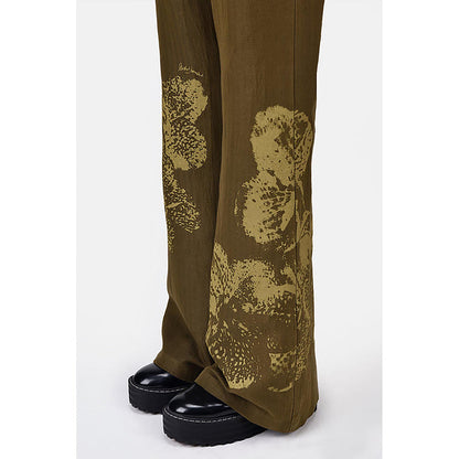 Genes Lecoanet Hemant Slim Fit Boot Cut Linen Herringbone Trouser With Orchid Print Khaki