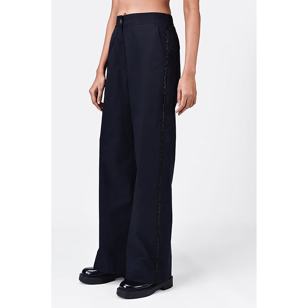 Genes Lecoanet Hemant Straight Fit Cotton Poplin Trousers With Bead Embroidered Stripes