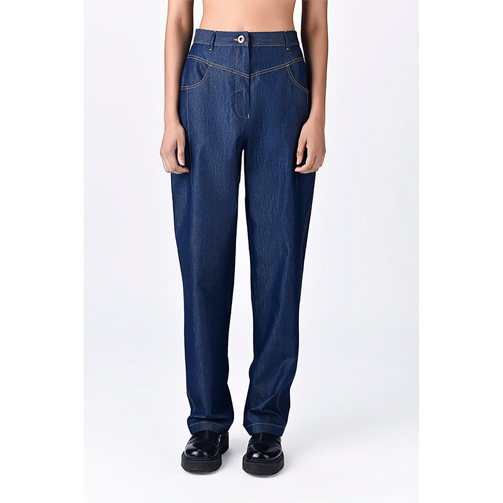 Genes Lecoanet Hemant Navy Blue Chambray Relaxed Fit Trousers With Dart Details