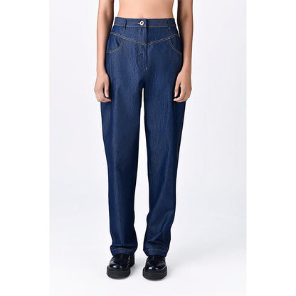 Genes Lecoanet Hemant Navy Blue Chambray Relaxed Fit Trousers With Dart Details