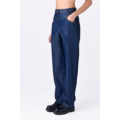 Genes Lecoanet Hemant Navy Blue Chambray Relaxed Fit Trousers With Dart Details