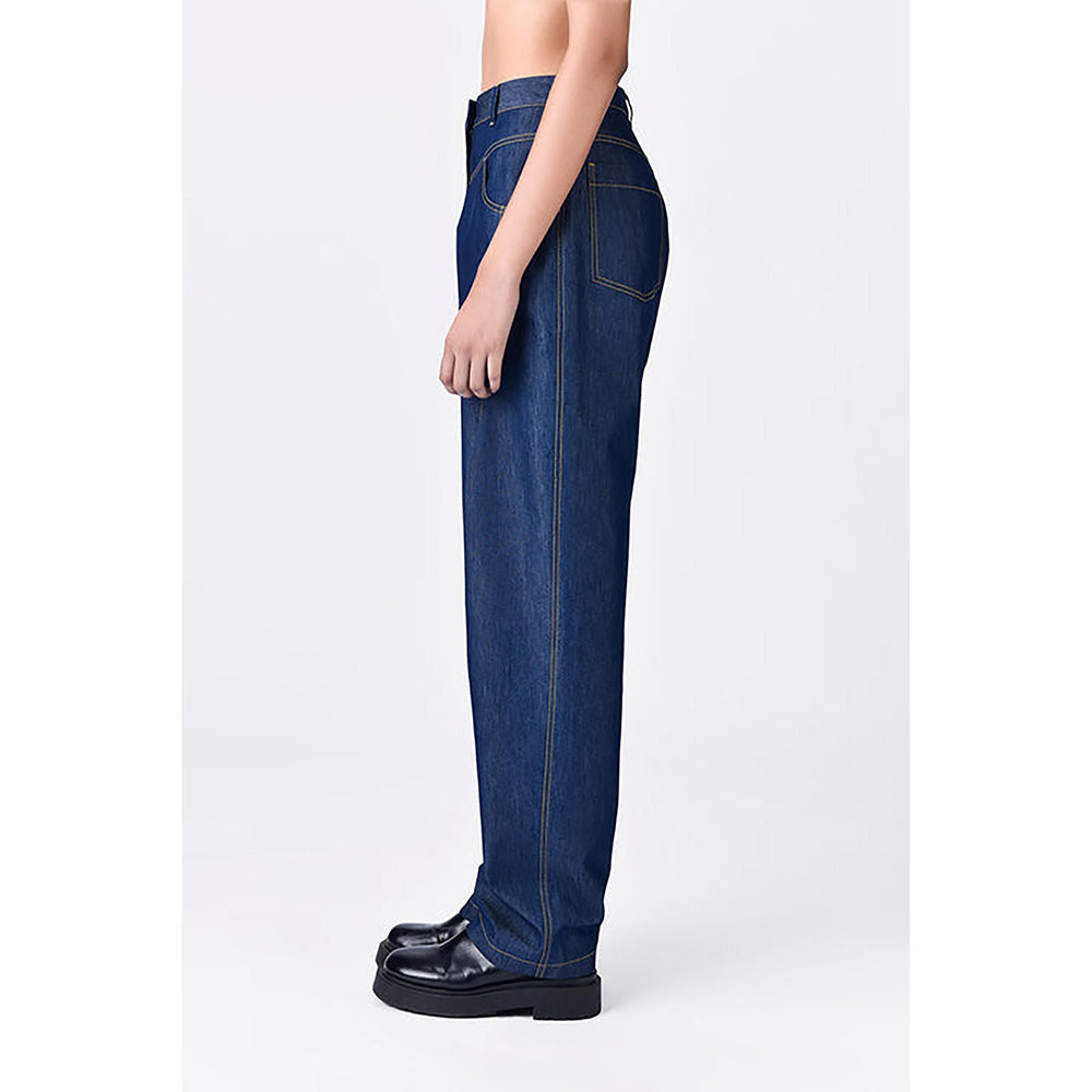 Genes Lecoanet Hemant Navy Blue Chambray Relaxed Fit Trousers With Dart Details