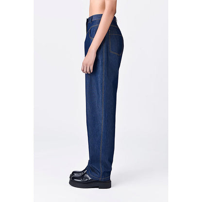 Genes Lecoanet Hemant Navy Blue Chambray Relaxed Fit Trousers With Dart Details