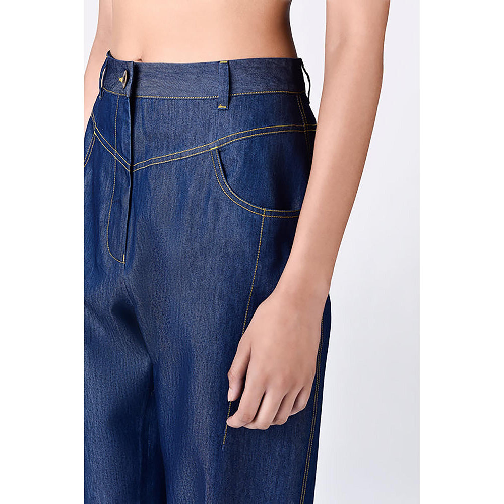 Genes Lecoanet Hemant Navy Blue Chambray Relaxed Fit Trousers With Dart Details
