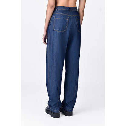 Genes Lecoanet Hemant Navy Blue Chambray Relaxed Fit Trousers With Dart Details