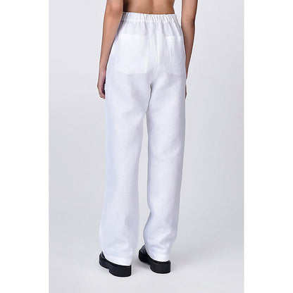 Genes Lecoanet Hemant Straight Fit White Linen Trousers