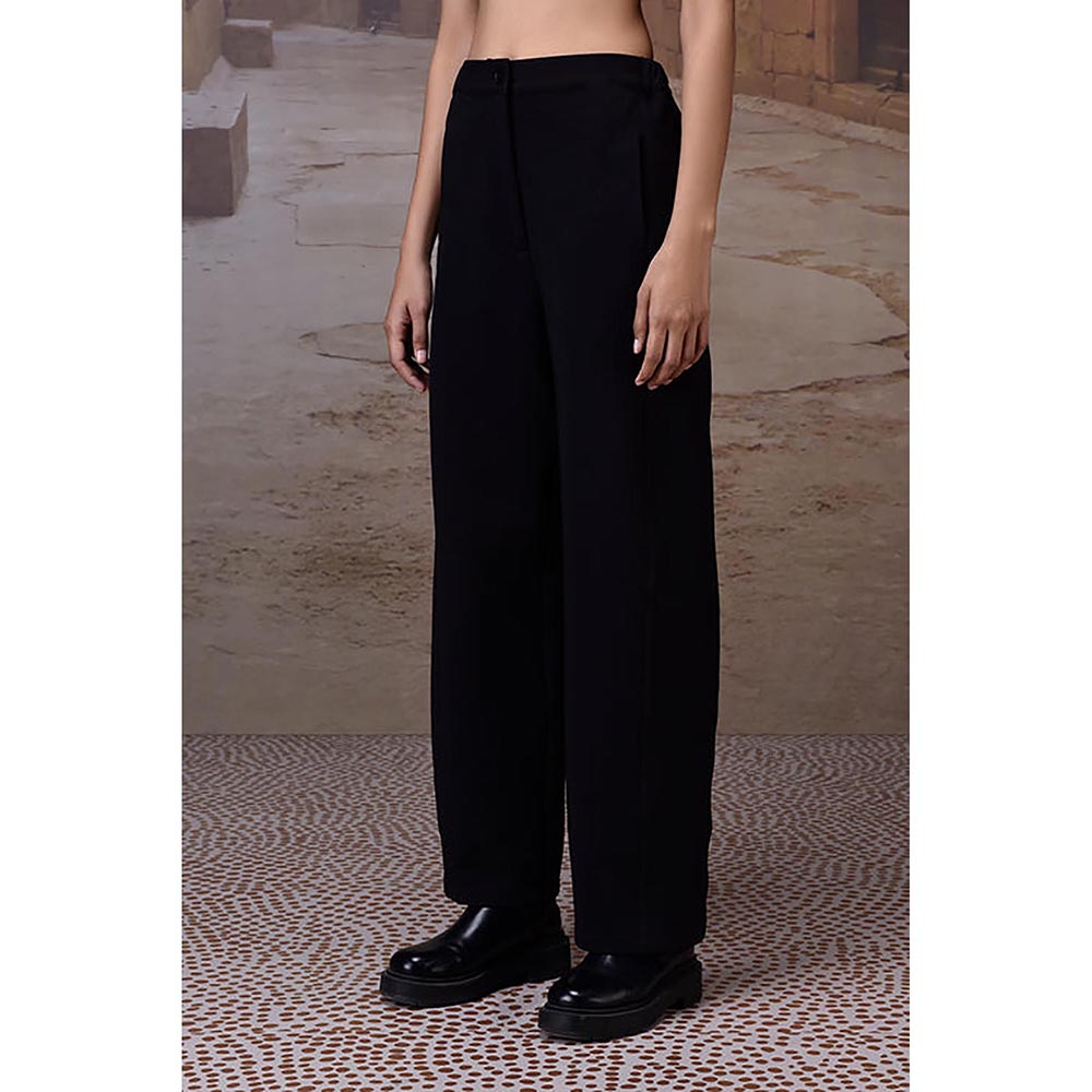 Genes Lecoanet Hemant Black Textured Poly Lycra Straight-Leg Trousers