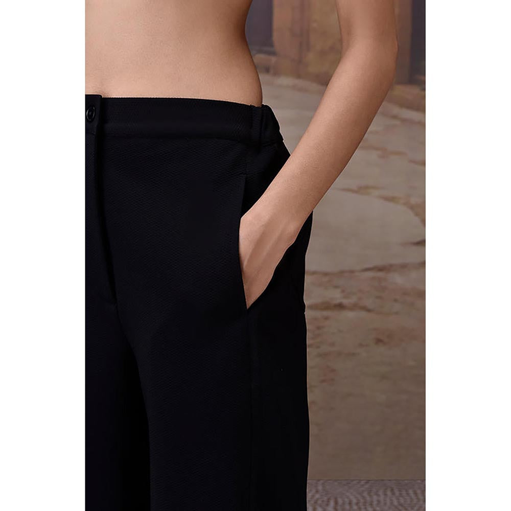 Genes Lecoanet Hemant Black Textured Poly Lycra Straight-Leg Trousers