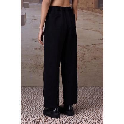 Genes Lecoanet Hemant Black Textured Poly Lycra Straight-Leg Trousers