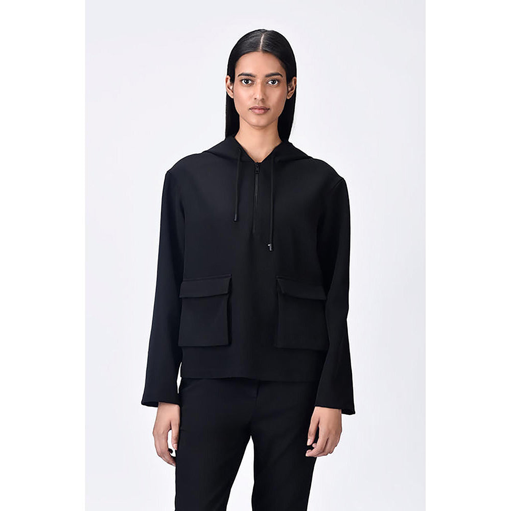 Genes Lecoanet Hemant Black Banana Crepe Relaxed Fit Hoodie With Front Pockets