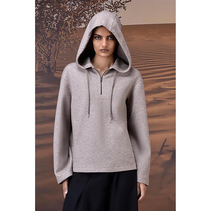 Genes Lecoanet Hemant Warm Beige Half-Zip Hoodie With Genes Logo Back