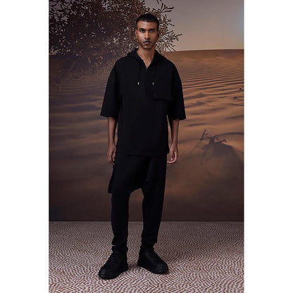 Genes Lecoanet Hemant Black Textured Poly Lycra Hoodie