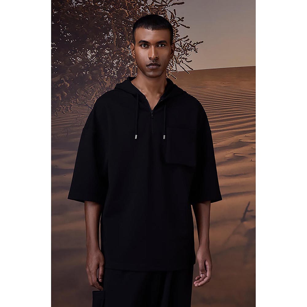 Genes Lecoanet Hemant Black Textured Poly Lycra Hoodie