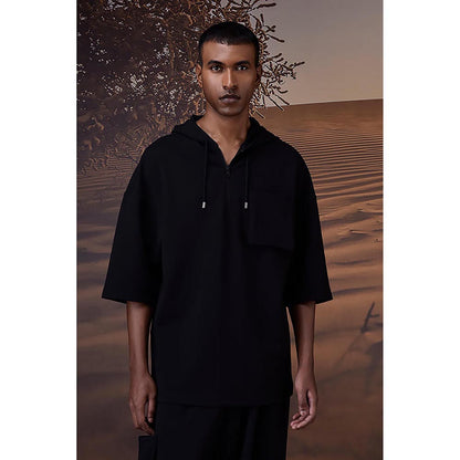 Genes Lecoanet Hemant Black Textured Poly Lycra Hoodie
