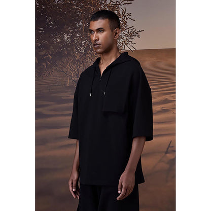 Genes Lecoanet Hemant Black Textured Poly Lycra Hoodie