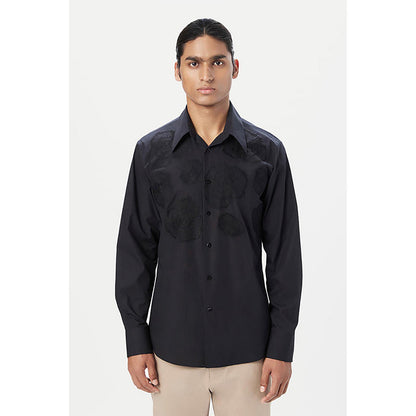 Genes Lecointe Hemant Regular Fit Button-Up Shirt with Floral Thread Embroidery