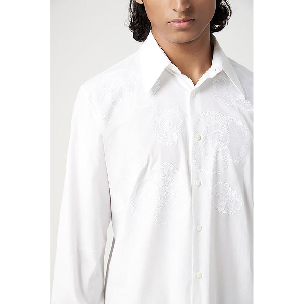 Genes Lecointe Hemant Regular Fit Button-Up Shirt with Floral Thread Embroidery