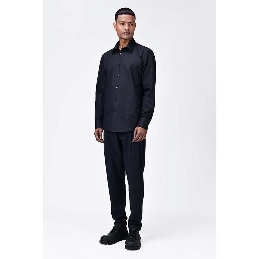 Genes Lecointe Hemant Regular Fit Cotton Poplin Shirt with Tropical Applique Embroidery Black