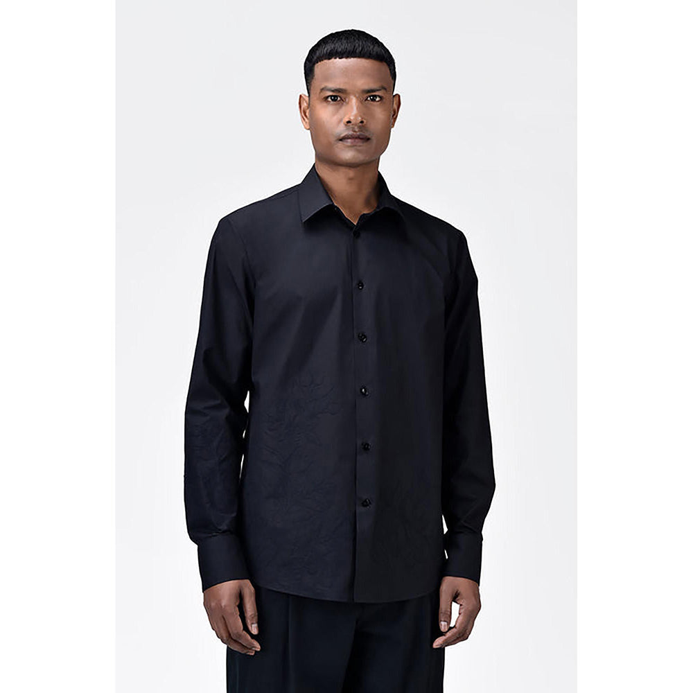 Genes Lecointe Hemant Regular Fit Cotton Poplin Shirt with Tropical Applique Embroidery Black