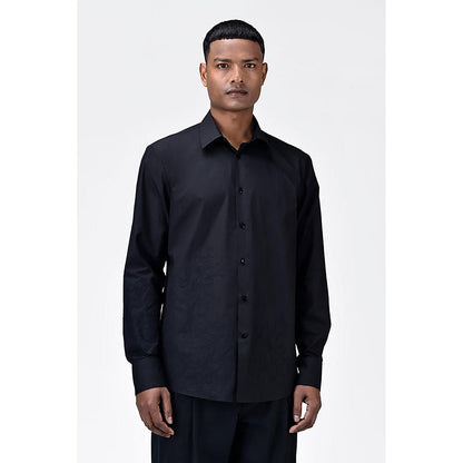 Genes Lecointe Hemant Regular Fit Cotton Poplin Shirt with Tropical Applique Embroidery Black
