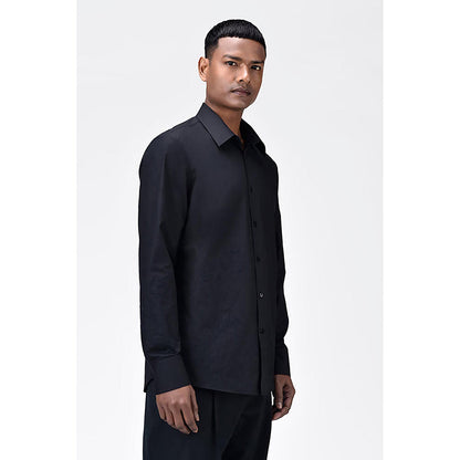 Genes Lecointe Hemant Regular Fit Cotton Poplin Shirt with Tropical Applique Embroidery Black