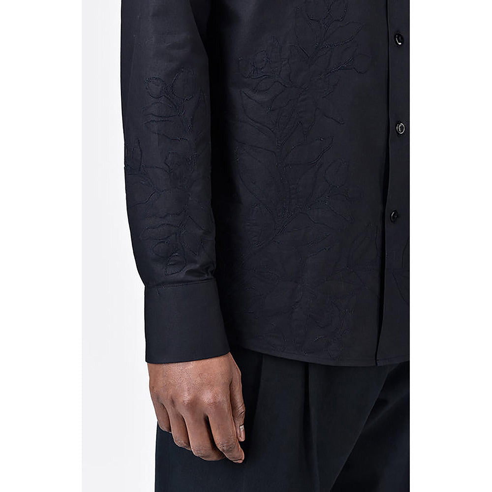 Genes Lecointe Hemant Regular Fit Cotton Poplin Shirt with Tropical Applique Embroidery Black