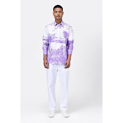 Genes Lecointe Hemant Landscape Print Regular Fit Men's Button-Up Shirt-Amethyst