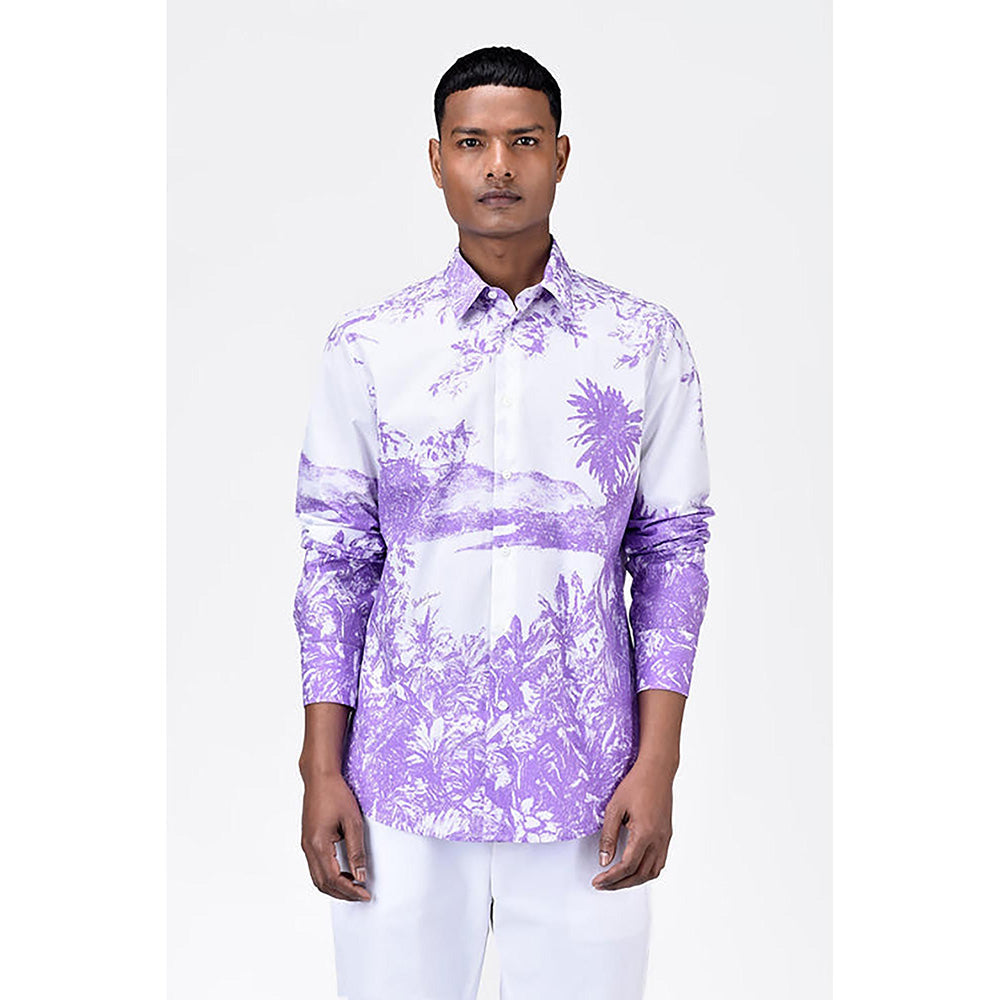 Genes Lecointe Hemant Landscape Print Regular Fit Men's Button-Up Shirt-Amethyst