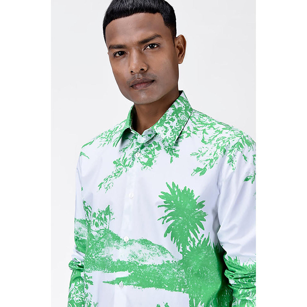 Genes Lecointe Hemant Landscape Print Regular Fit Men's Button-Up Shirt-Spring Green