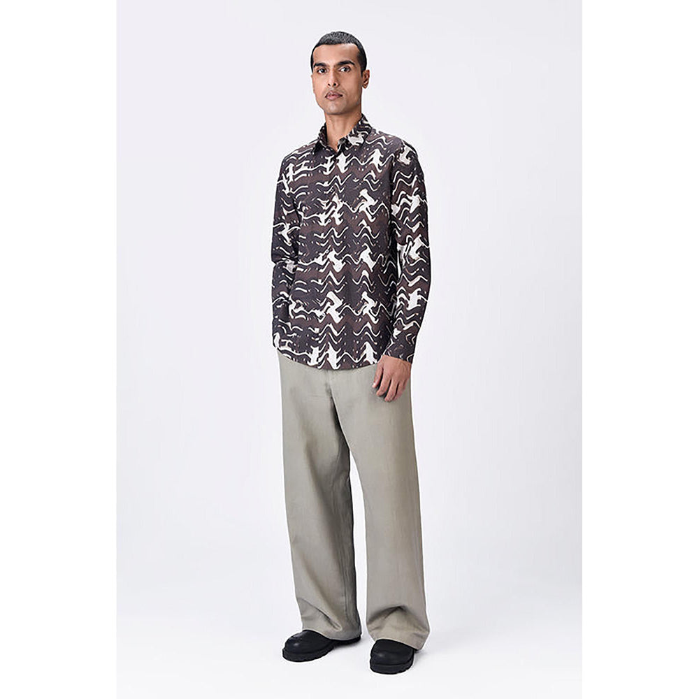 Genes Lecointe Hemant Regular Fit Button-Up Shirt with Solar Wave Check Print Chocolate Brown