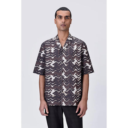 Genes Lecointe Hemant Easy Fit Cuban Collar Half Sleeve Shirt Chocolate Brown