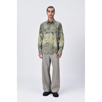 Genes Lecointe Hemant Giza Cotton Poplin Button-Up Shirt With Microcell Print - Clay Green