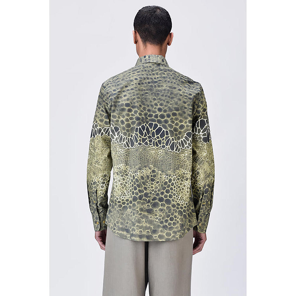 Genes Lecointe Hemant Giza Cotton Poplin Button-Up Shirt With Microcell Print - Clay Green