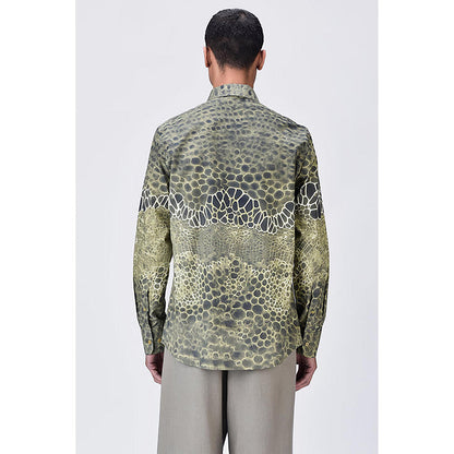 Genes Lecointe Hemant Giza Cotton Poplin Button-Up Shirt With Microcell Print - Clay Green